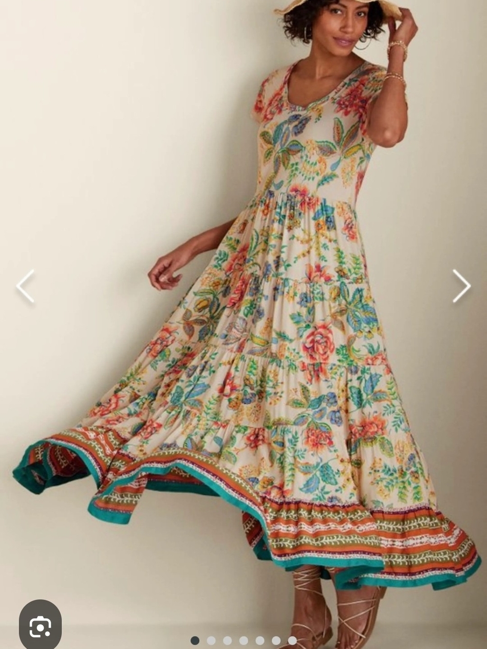 Soft Surroundings Cream Floral Tiered Maxi Dress with Teal Trim